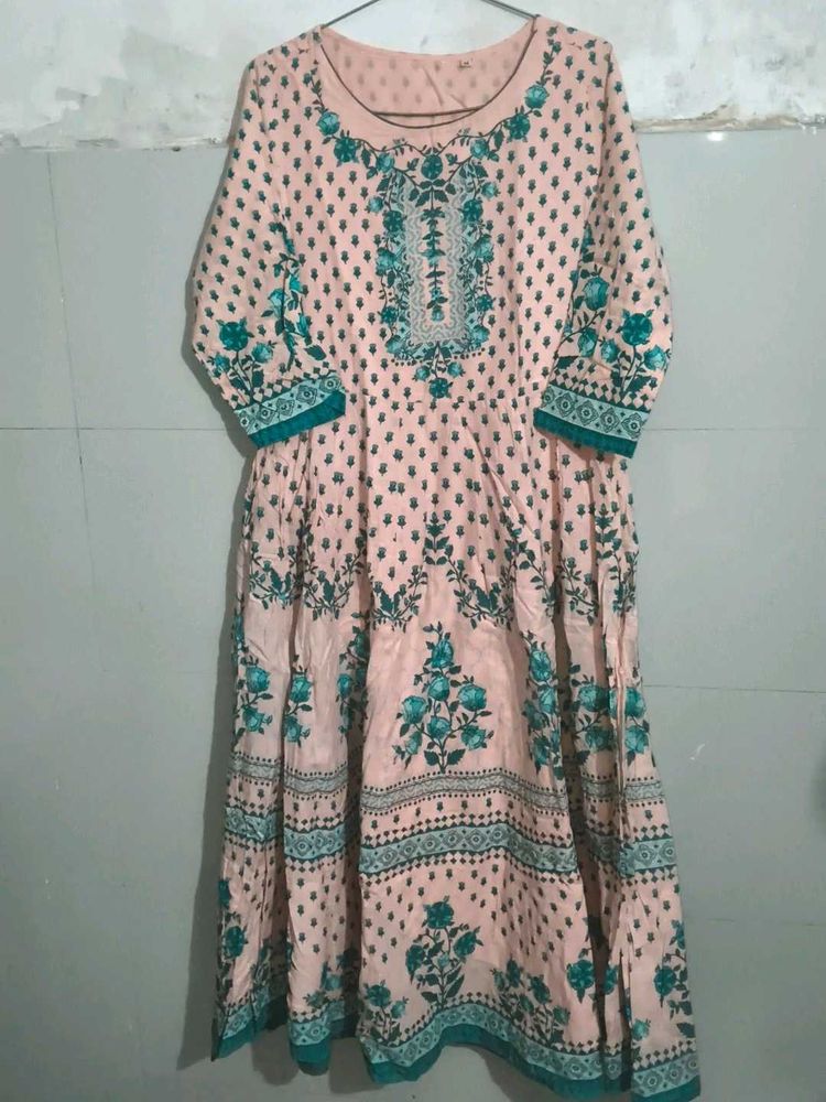 Peach Floral Print Anarkali Kurta heavy
