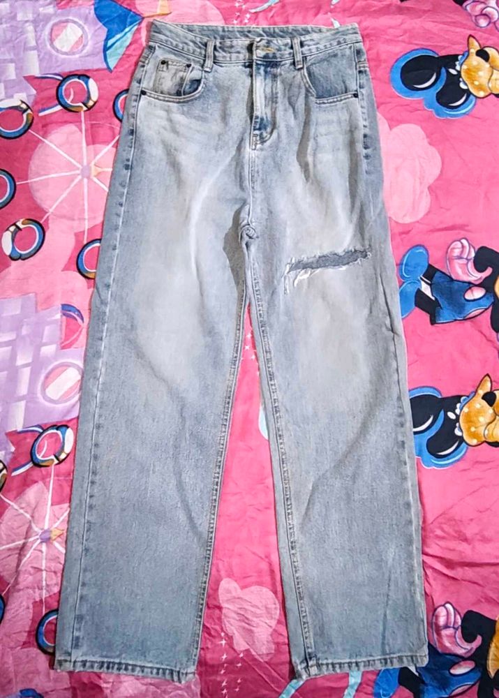 blue Light Wash Ripped Wide Leg Jeans