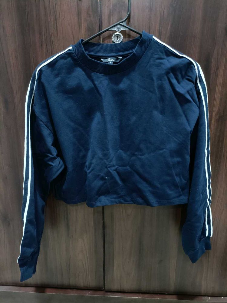 Navy Blue Cropped Sweatshirt with Stripes