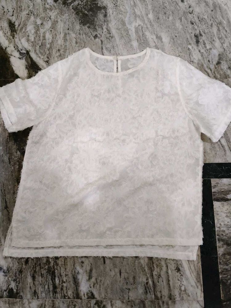 White Textured Short Sleeve Top