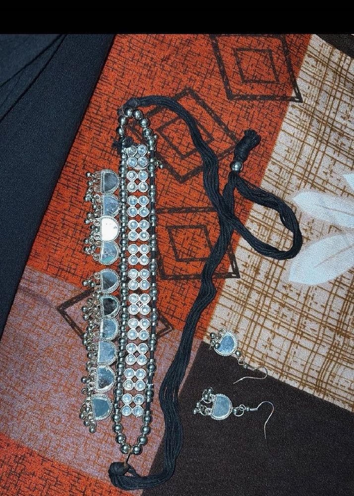 Oxidised Silver Mirror Choker Set
