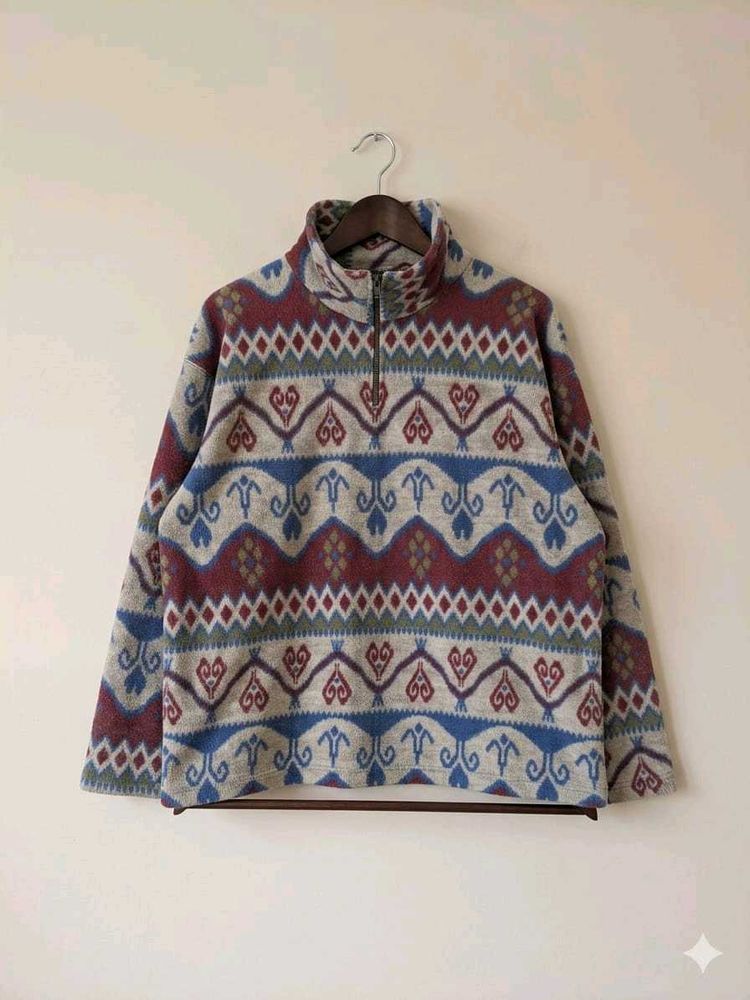 Vintage Geometric Print Fleece Pullover