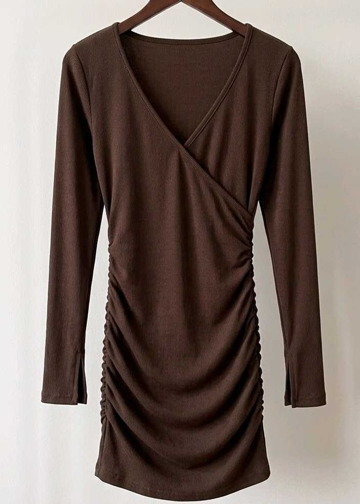 Chic Brown Long Sleeve Ruched Dress