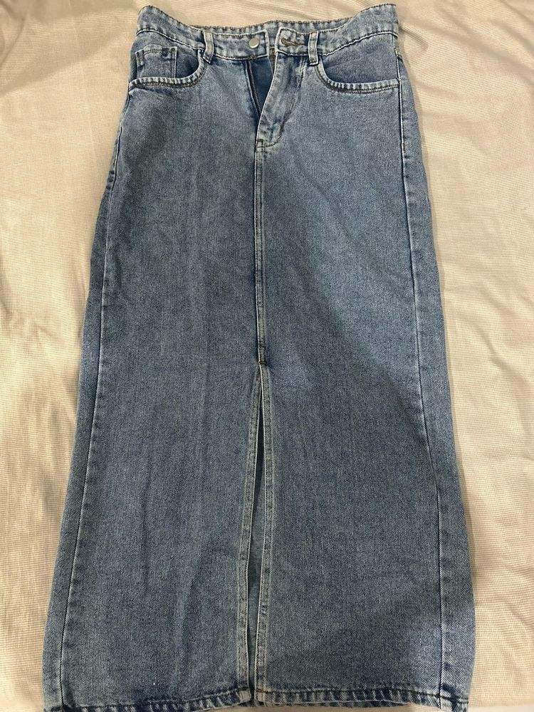 Denim Maxi Skirt with Front Slit