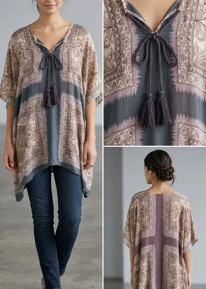 Boho Print Tassel Neck Tunic Top
