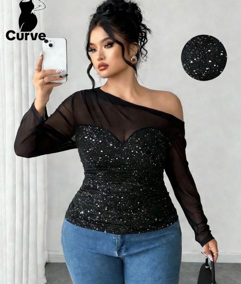 plus size sheer top-Black Shimmer Off-Shoulder  ✨