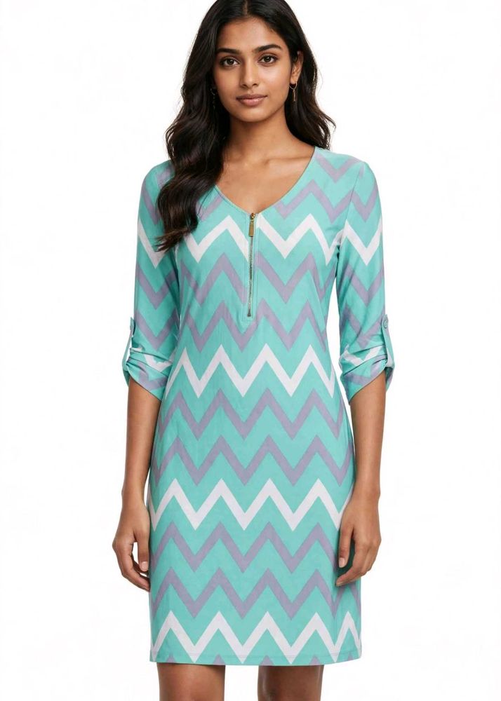 Chevron Print Zip Neck Dress