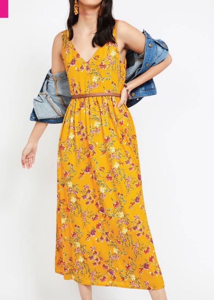 Yellow Floral Maxi Dress with Denim Jacket