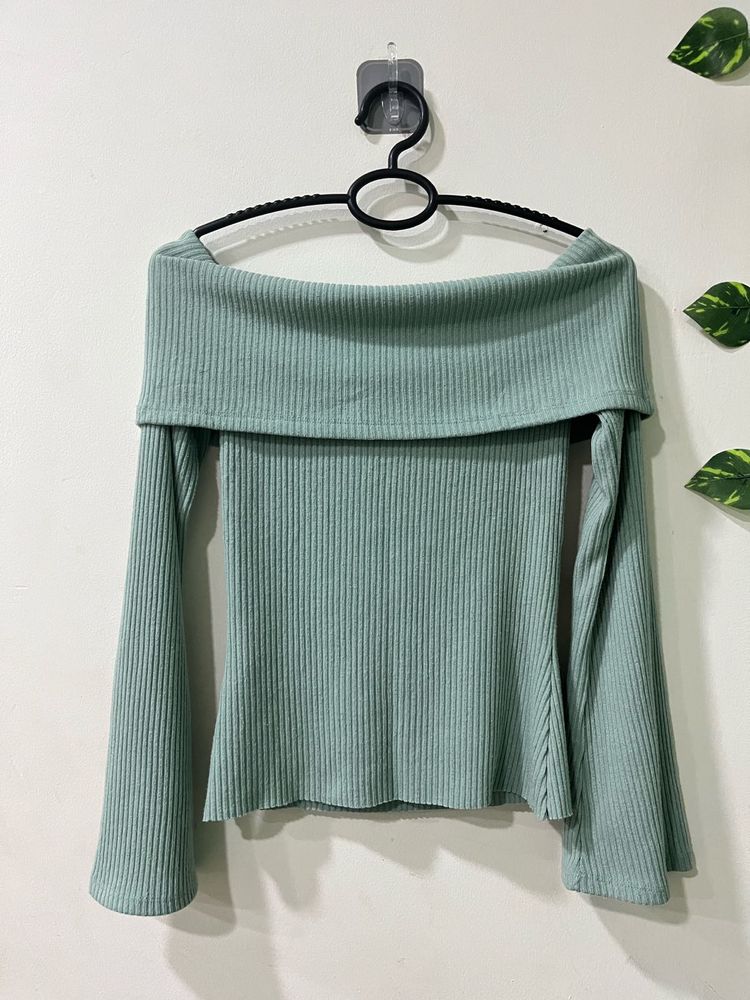 Ribbed Off-Shoulder Long Sleeve Top