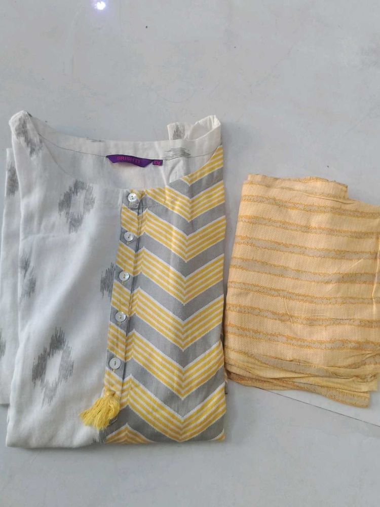 slivless Stylish White &amp; Yellow Kurta Set