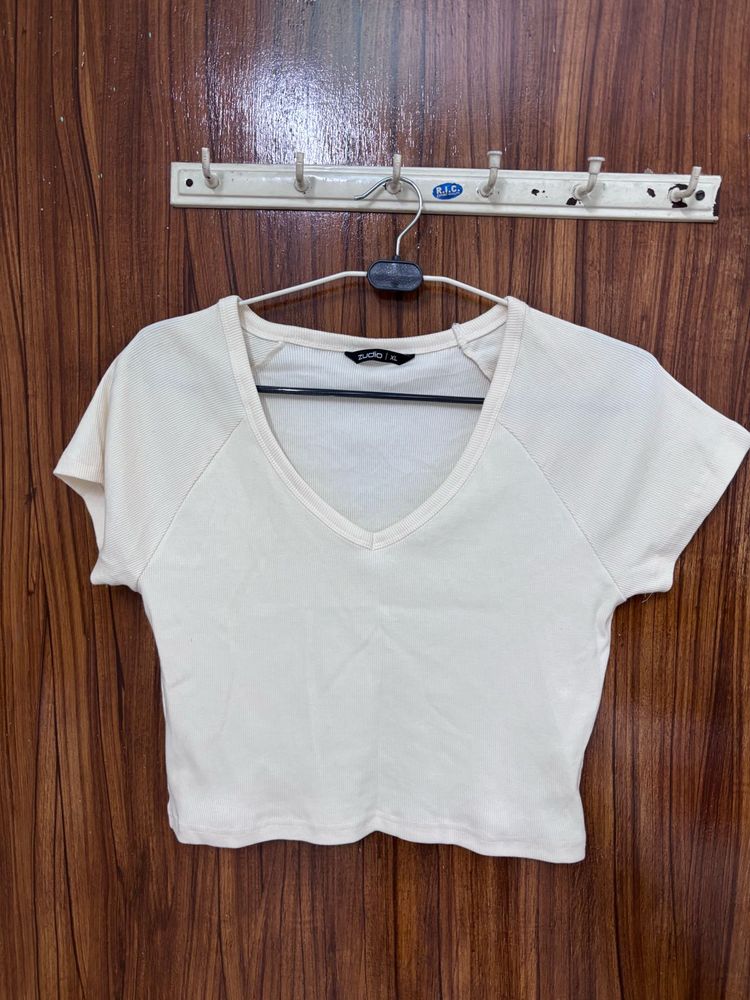 Cream V-Neck Cropped T-Shirt