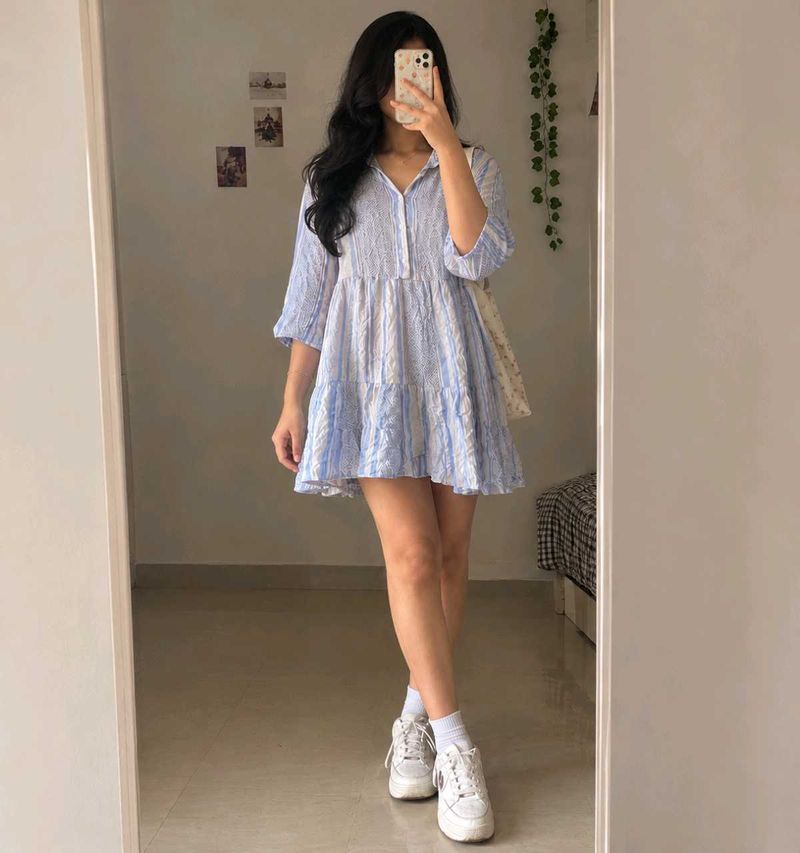 Cute Blue Striped Tiered Mini Dress