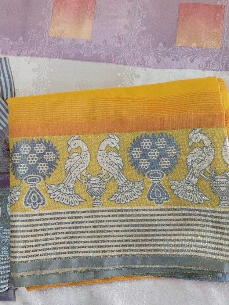 Vibrant Yellow Peacock Print Saree with blouse