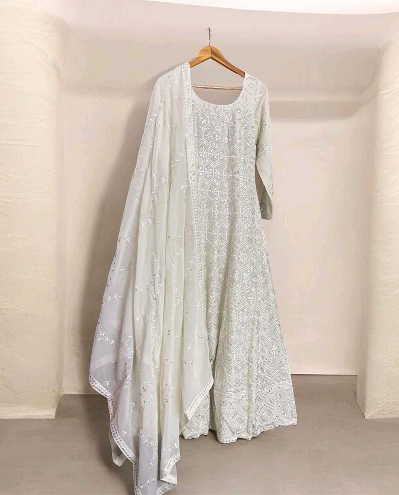 White Anarkali Gown with Dupatta