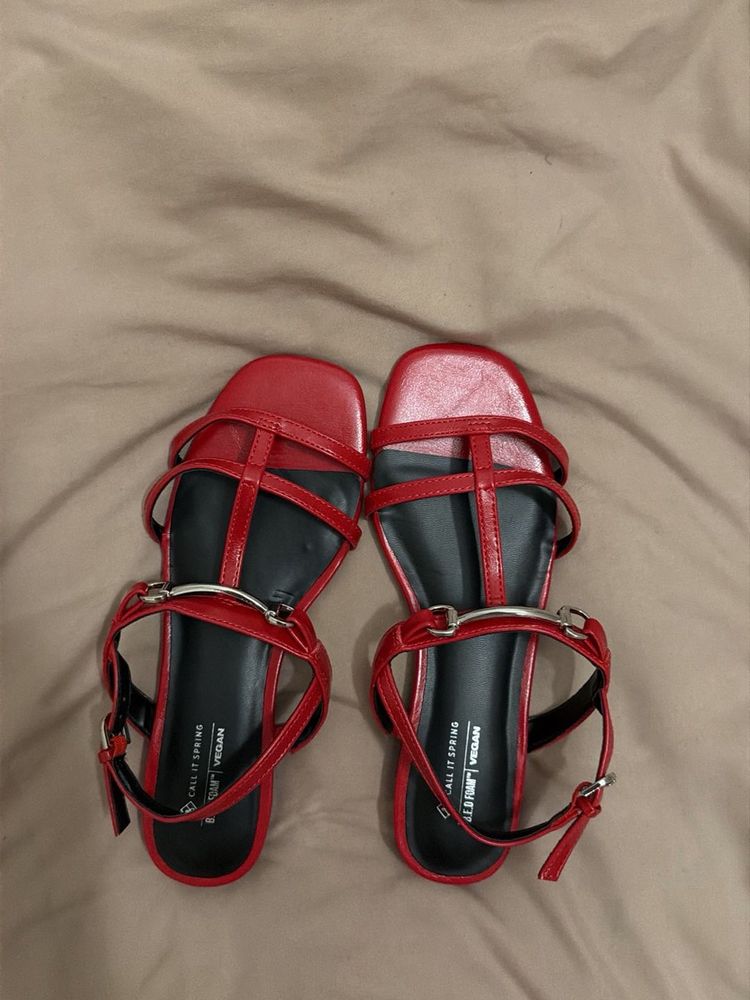 Red Strappy Flat Sandals