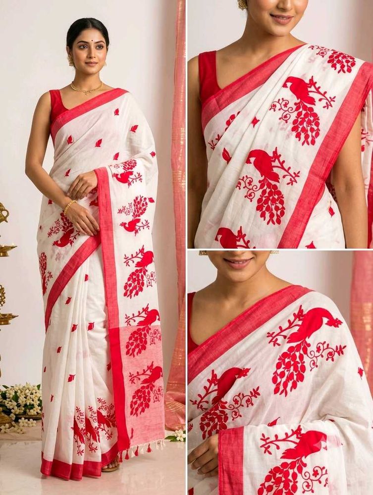Elegant White &amp; Red Saree
