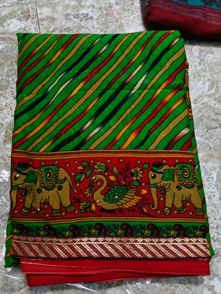 Vibrant Striped Saree with Elephant Border
