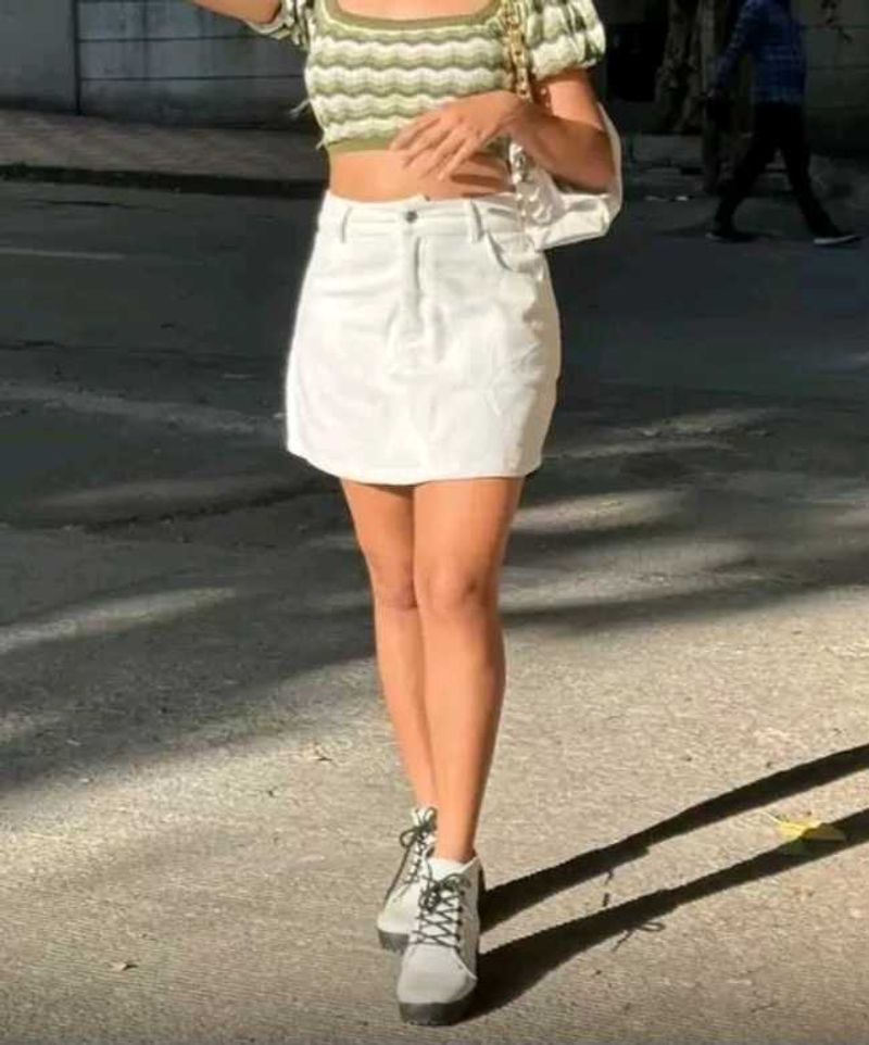 White Self Stripped Corduroy Aline Mini Skirt