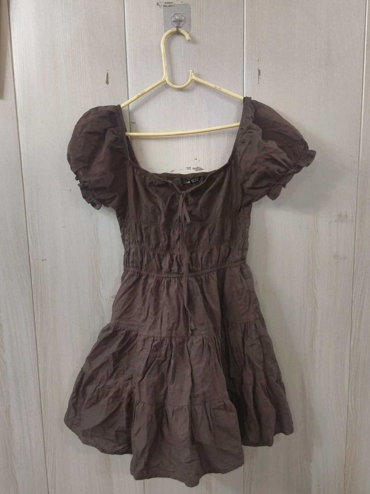Brown Tiered Puff Sleeve Y2K Dress