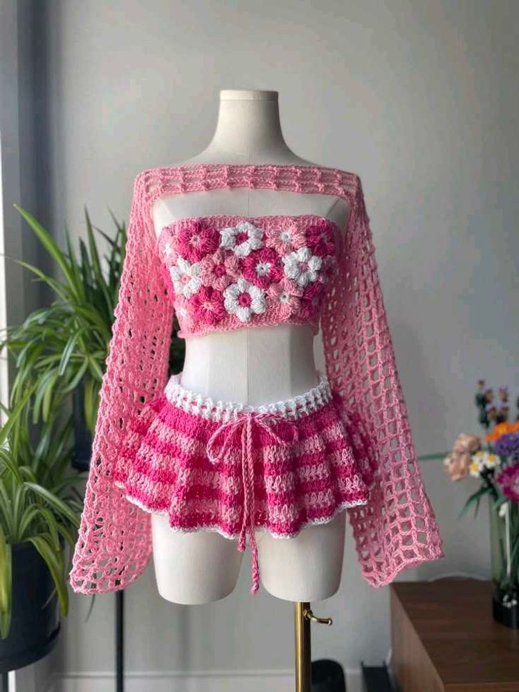 Crochet Flower Crop Top &amp; Skirt Set
