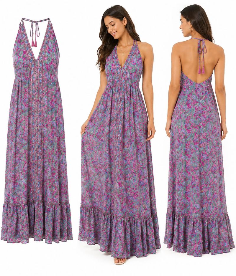 Pink Paisley Print Halter Neck Maxi Dress