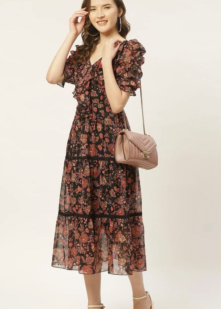 Boho Floral Print Midi Dress