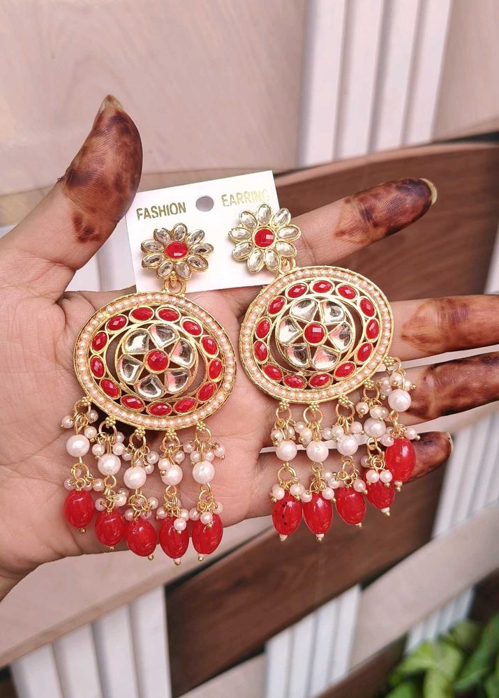 Elegant Red &amp; Pearl Drop Earrings