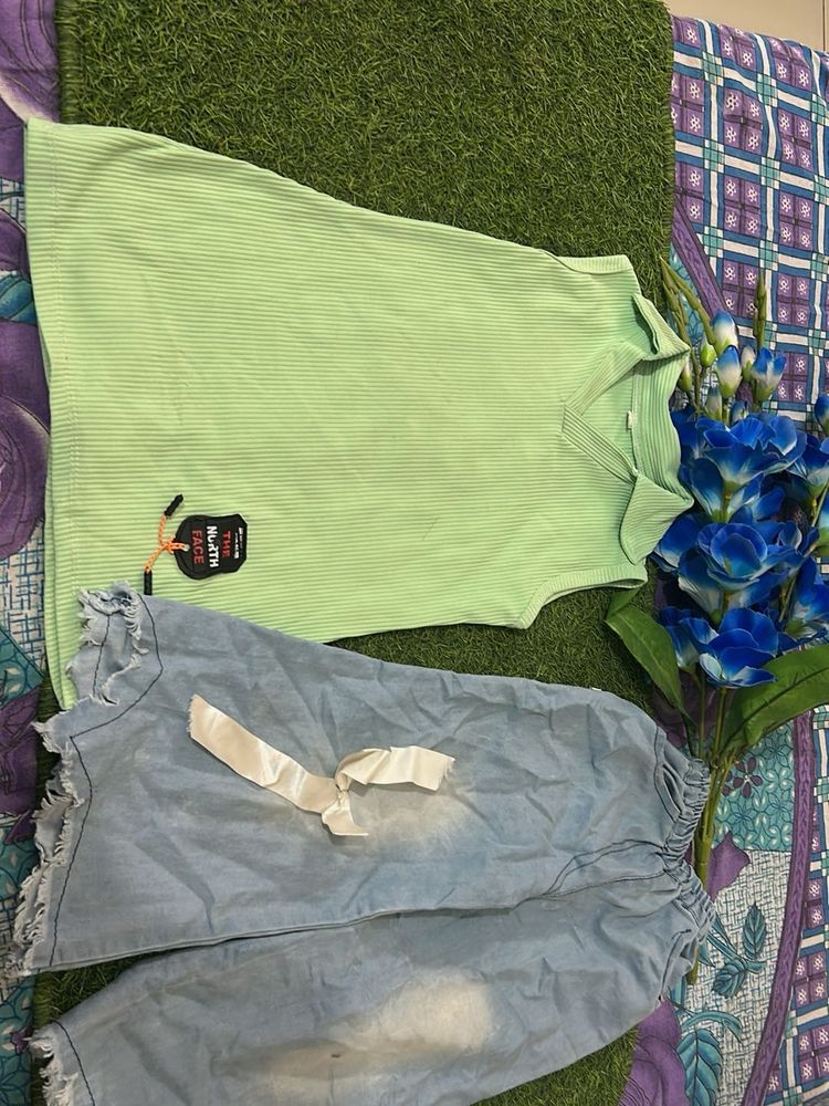 Stylish Mint Green Top &amp; Denim Shorts Set
