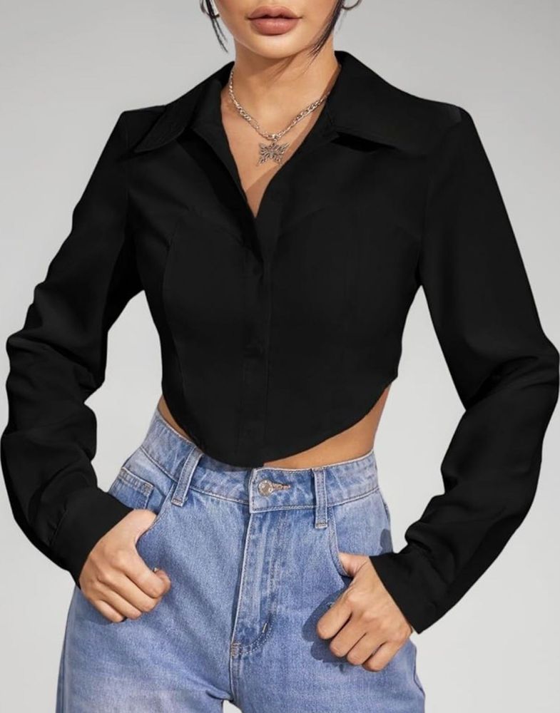 Black Cropped Button-Up Shi