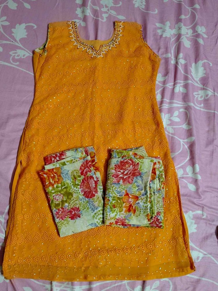 Orange Embroidered Kurta Set