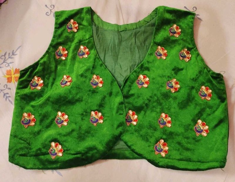 🦚 Green Velvet Koti/Waistcoat Peacock patches