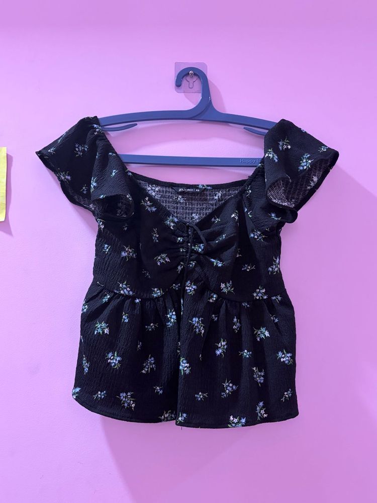 Cute Black Floral Off-Shoulder Top