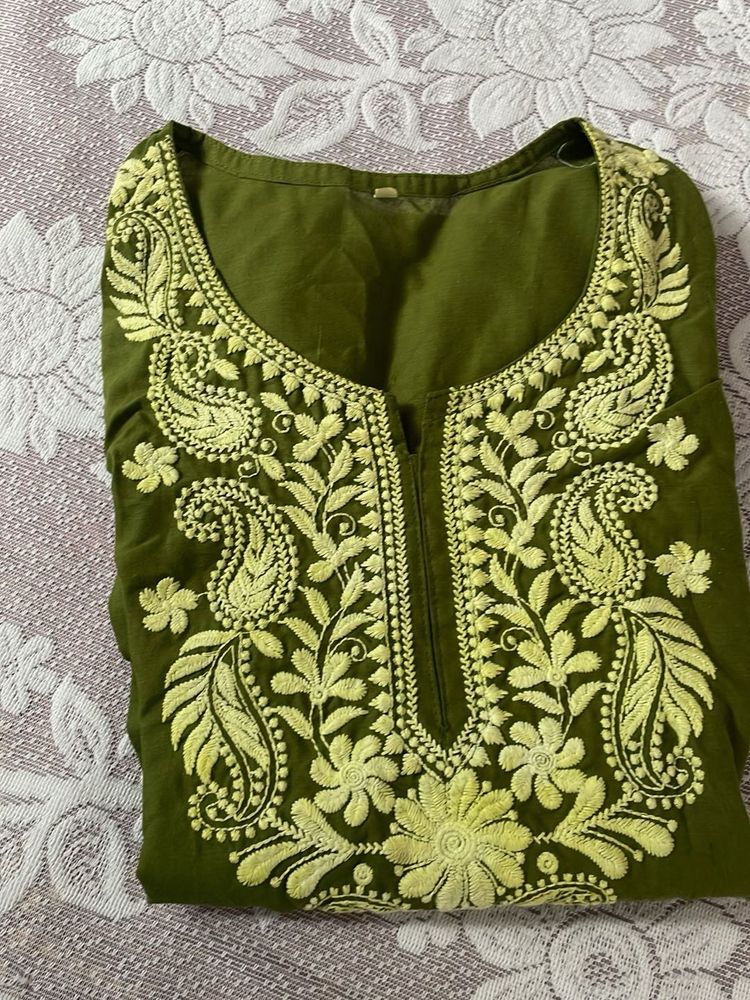 Embroidered Green Cotton Kurta