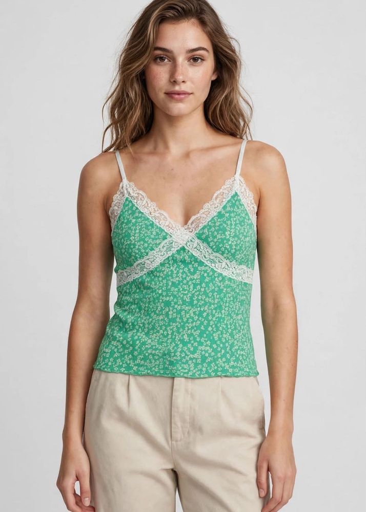 y2k Green Floral Lace Trim Cami Top