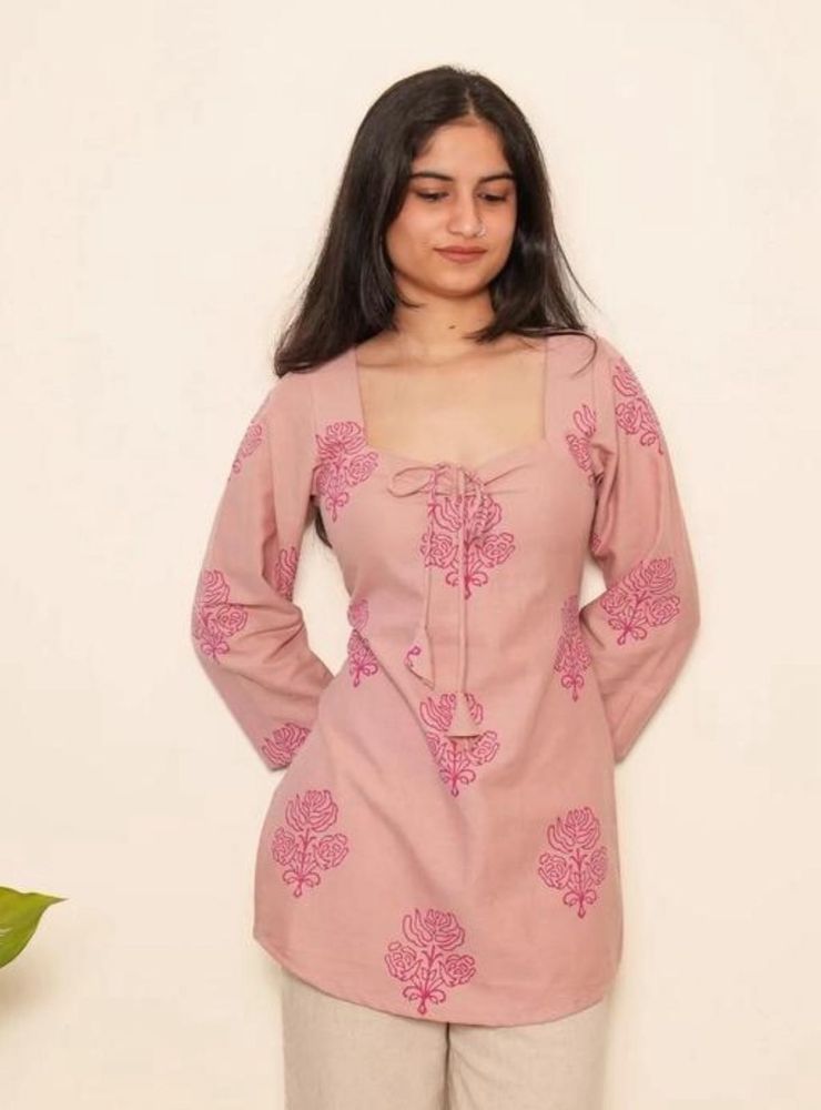 Pink Block Print Tie-Neck Kurta