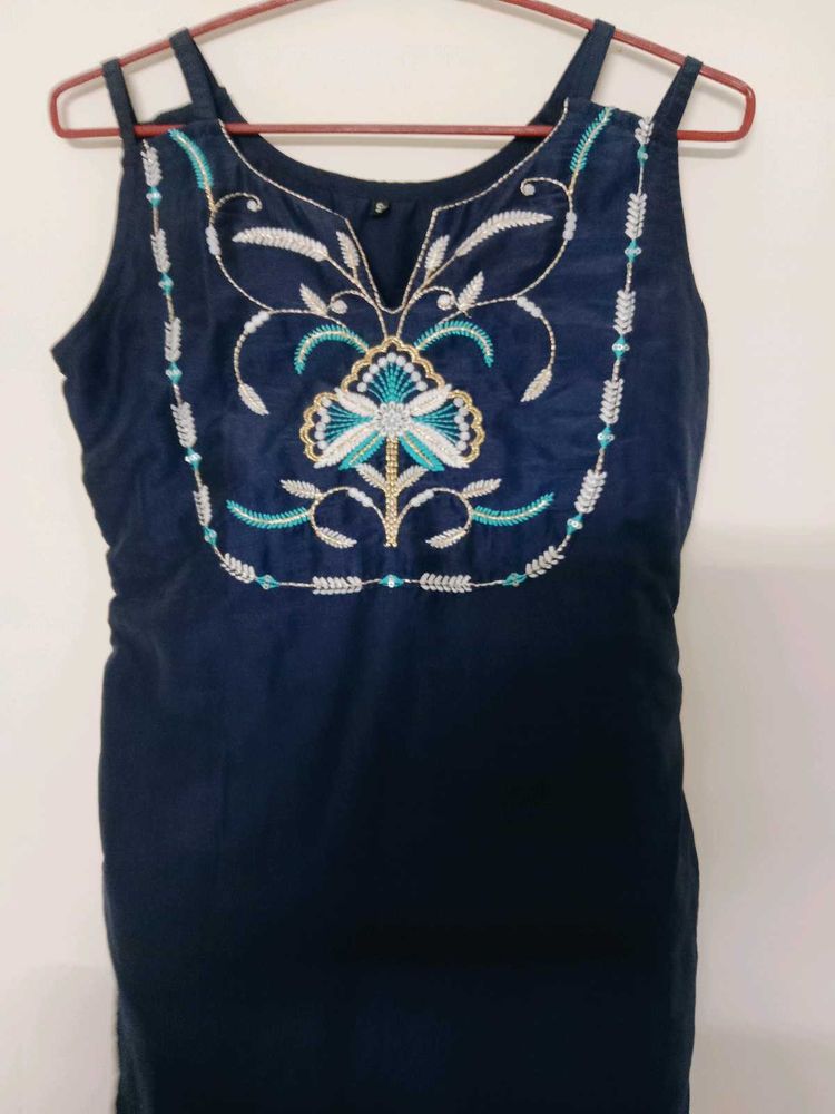Embroidered Navy Blue Kurta