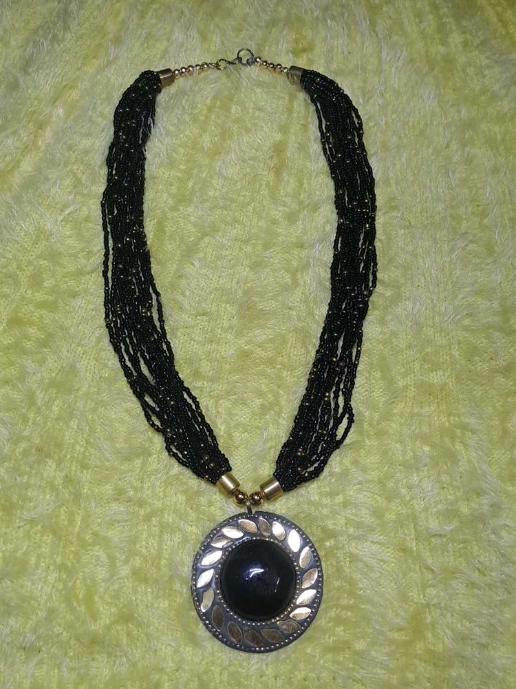 Boho Black Bead Necklace with Pendant