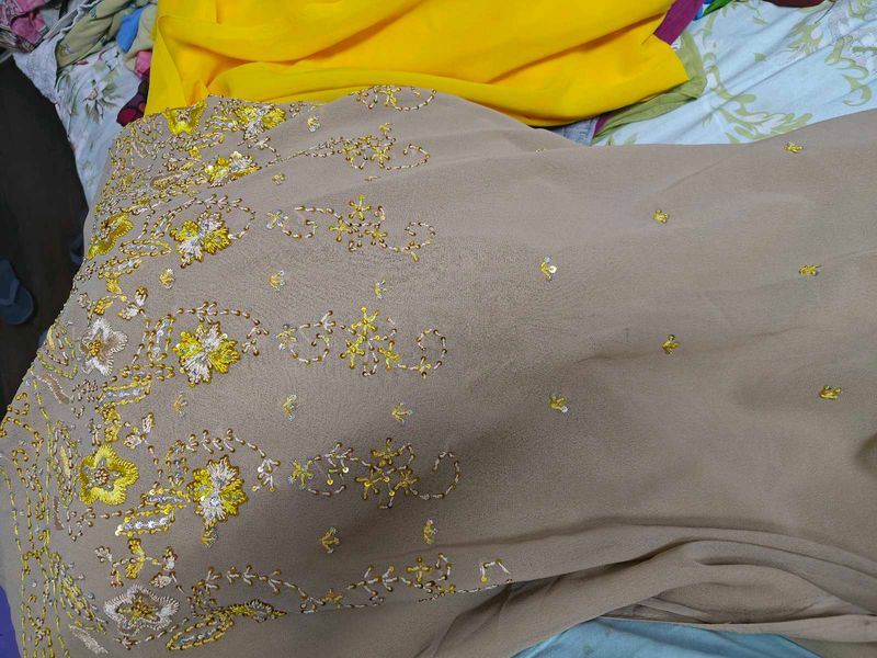 Embellished Beige kurta pajama dress material