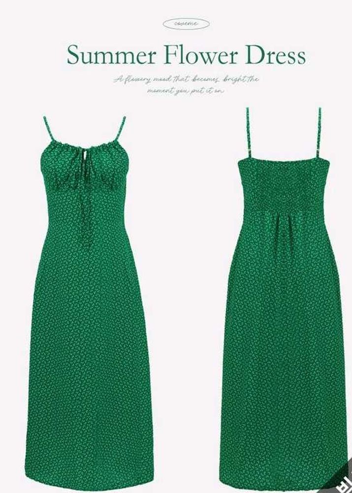 Emerald Green Summer Floral Midi Dress