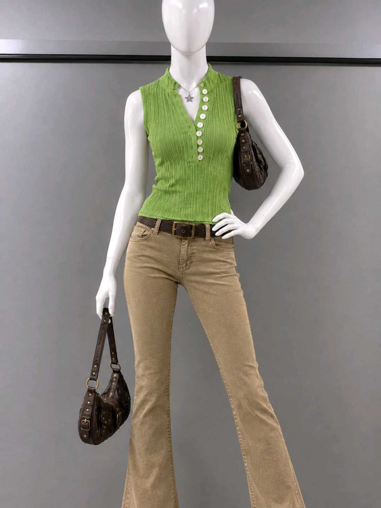 Lime Green Ribbed Button-Up Vest Top
