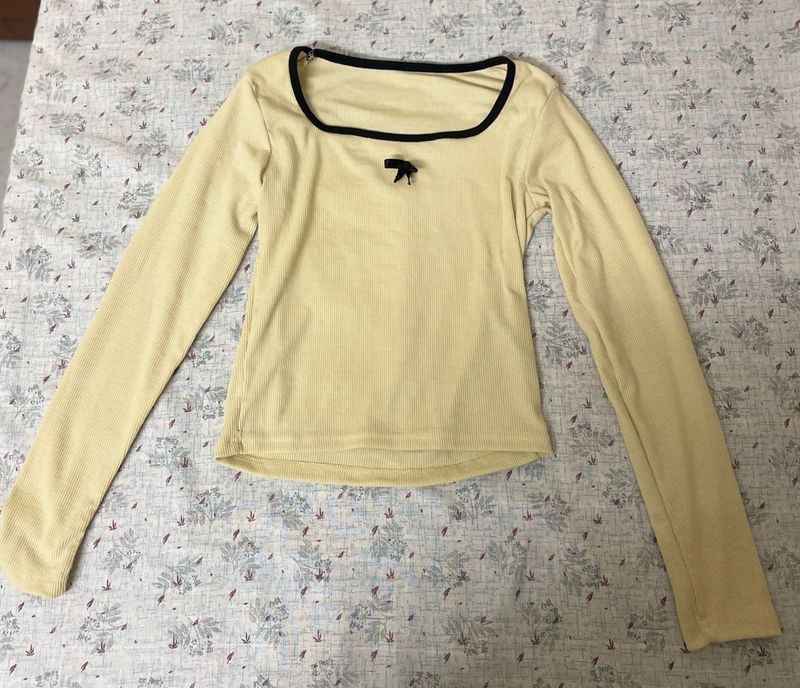 Cute Yellow Ribbed Long Sleeve Top
