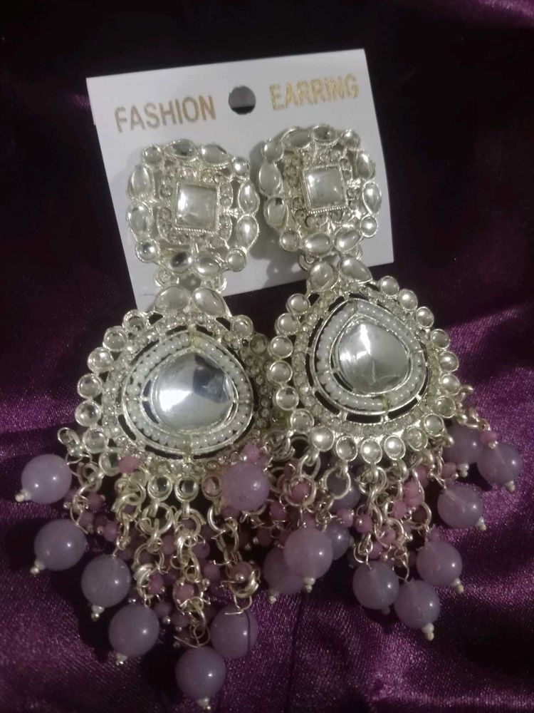 Elegant Lavender Beads Chandbali Earrings
