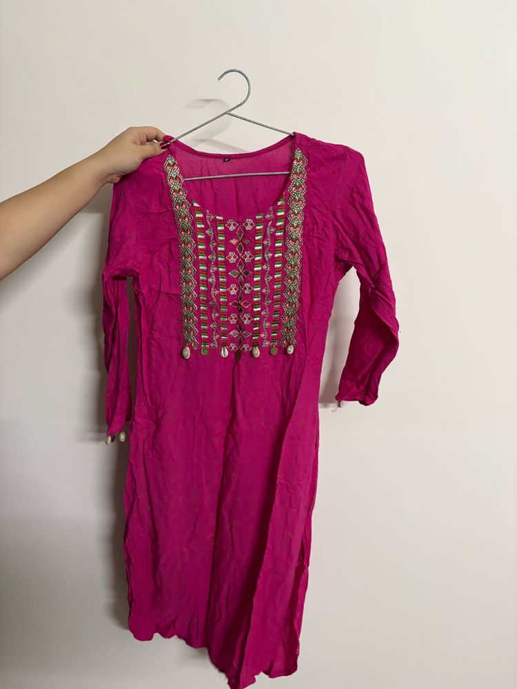 Vibrant Pink Embroidered Kurta with Plazzo
