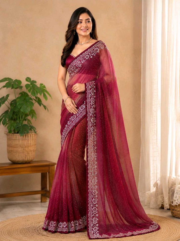 Stunning Embellished Maroon Saree