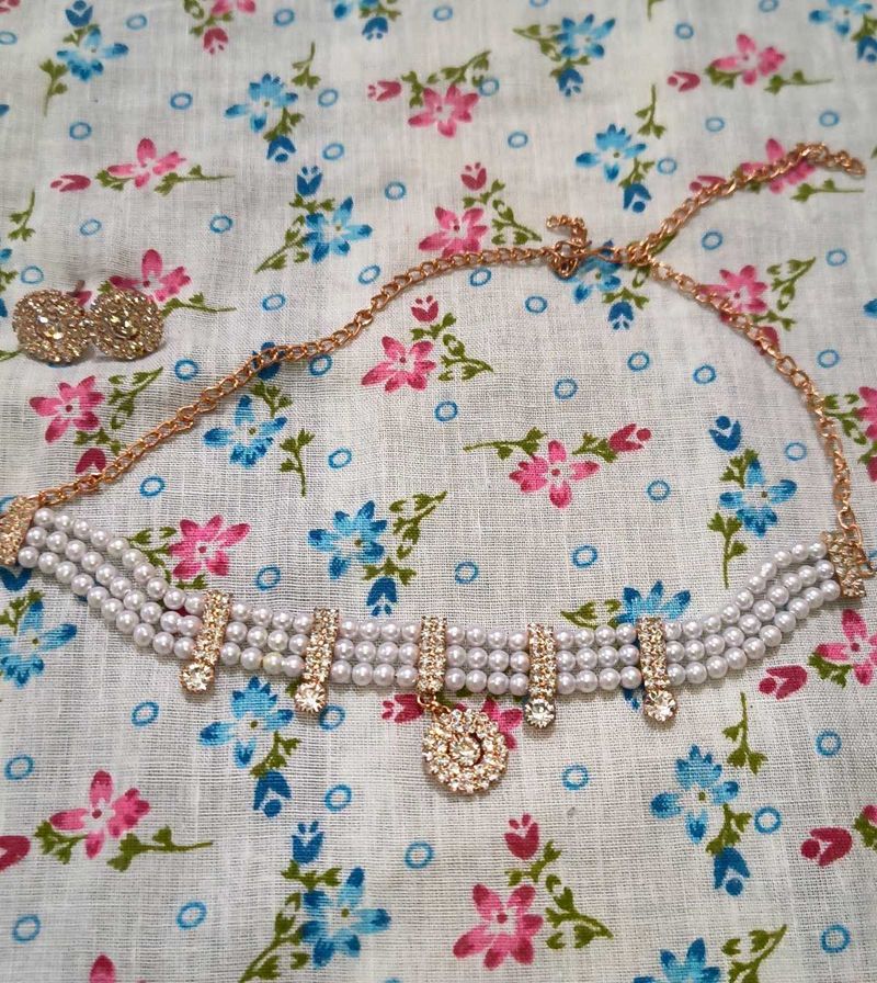 Pearl &amp; Crystal Choker Necklace Set