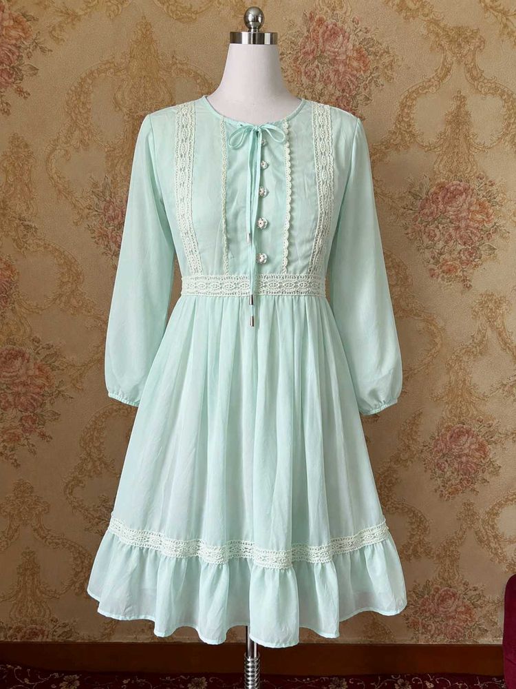 Vintage Lace Trimmed Light Blue Korean Dress