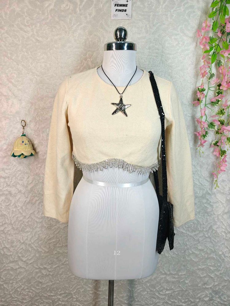 ZARA Cream Cropped Knit Top with Embellished Hem