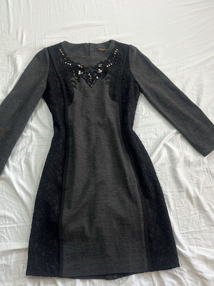 Elegant Grey Lace Detail Dress