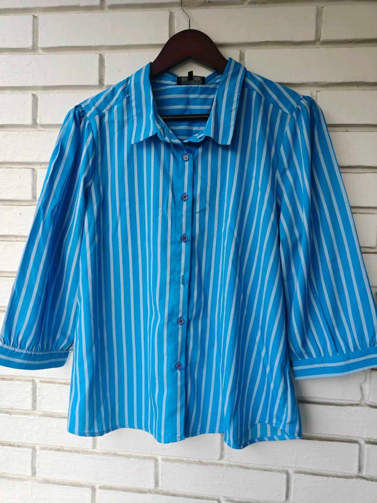 Classic Blue Striped Button-Up Blouse