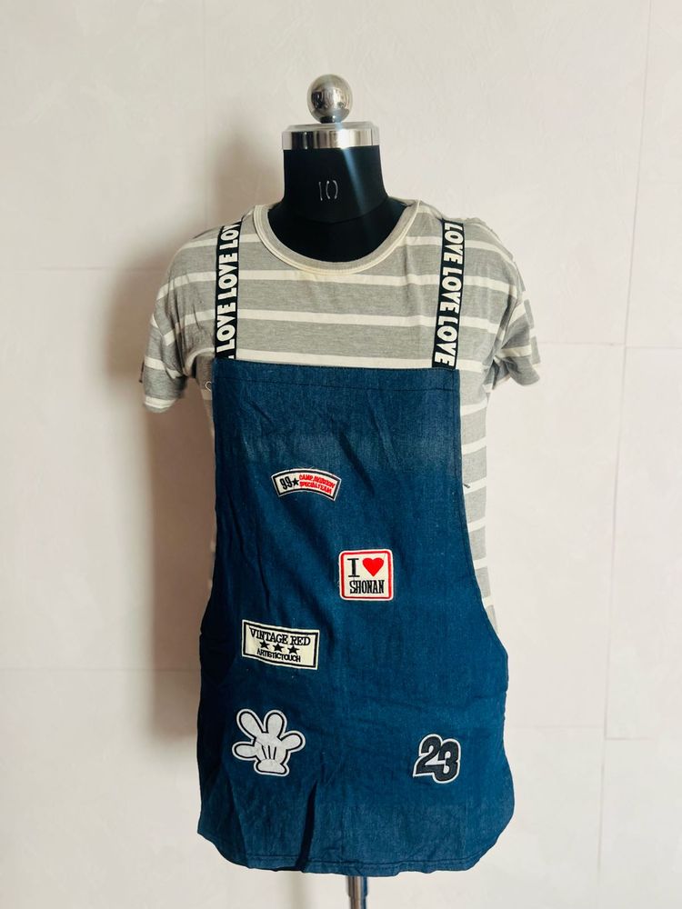 Denim Pinafore Dress with Striped Top